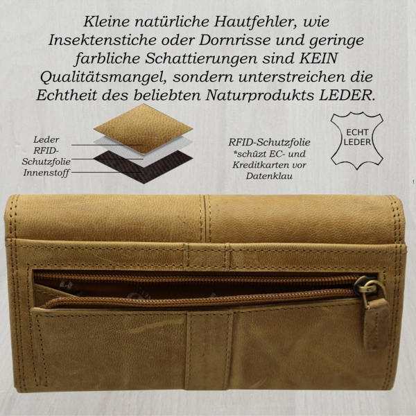 flevado Wasserbüffel Damen Geldbörse Brieftasche RFID Schutz Doppelnaht Beige